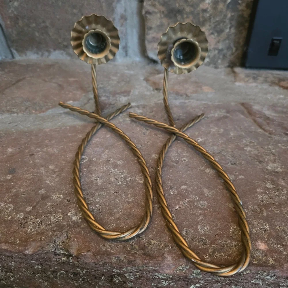 Vintage Twisted Metal Bow Wall Sconces Gold Tone Taper Candle Holders Pair